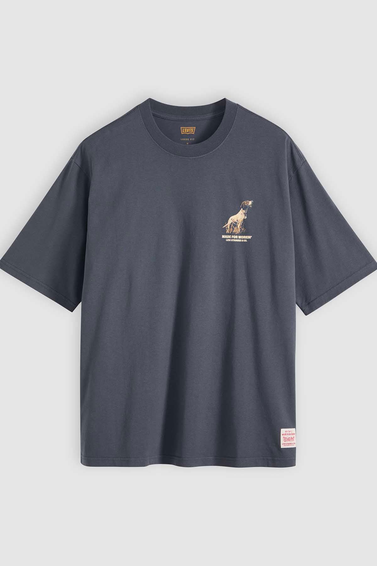 Dark blue crewneck t-shirt with small workwear dog graphic