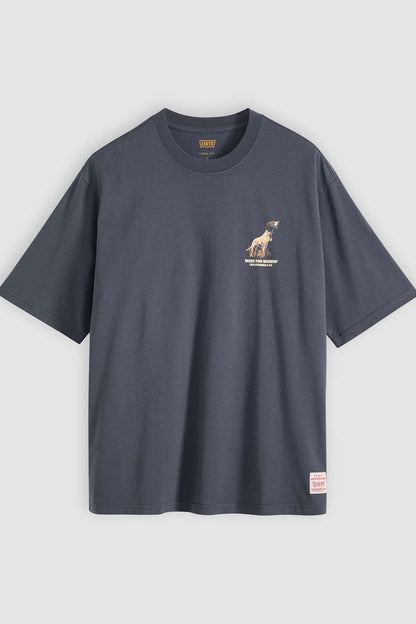 Dark blue crewneck t-shirt with small workwear dog graphic