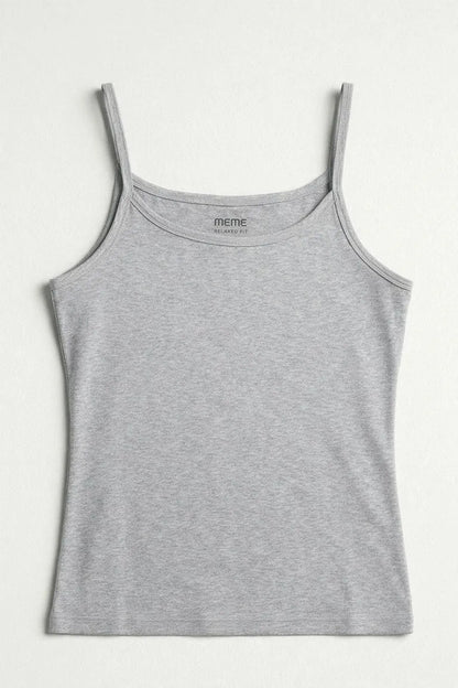 Grey spaghetti-strap tank top with MEME logo at neckline