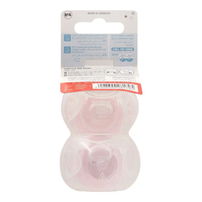 NUK pacifier blister pack back with labels and pink silicone pacifier set