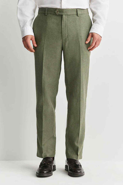 Olive green straight-leg trousers with front crease and side pockets