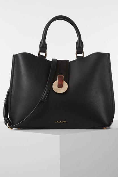 Black leather-look tote bag with top handles and center strap detail