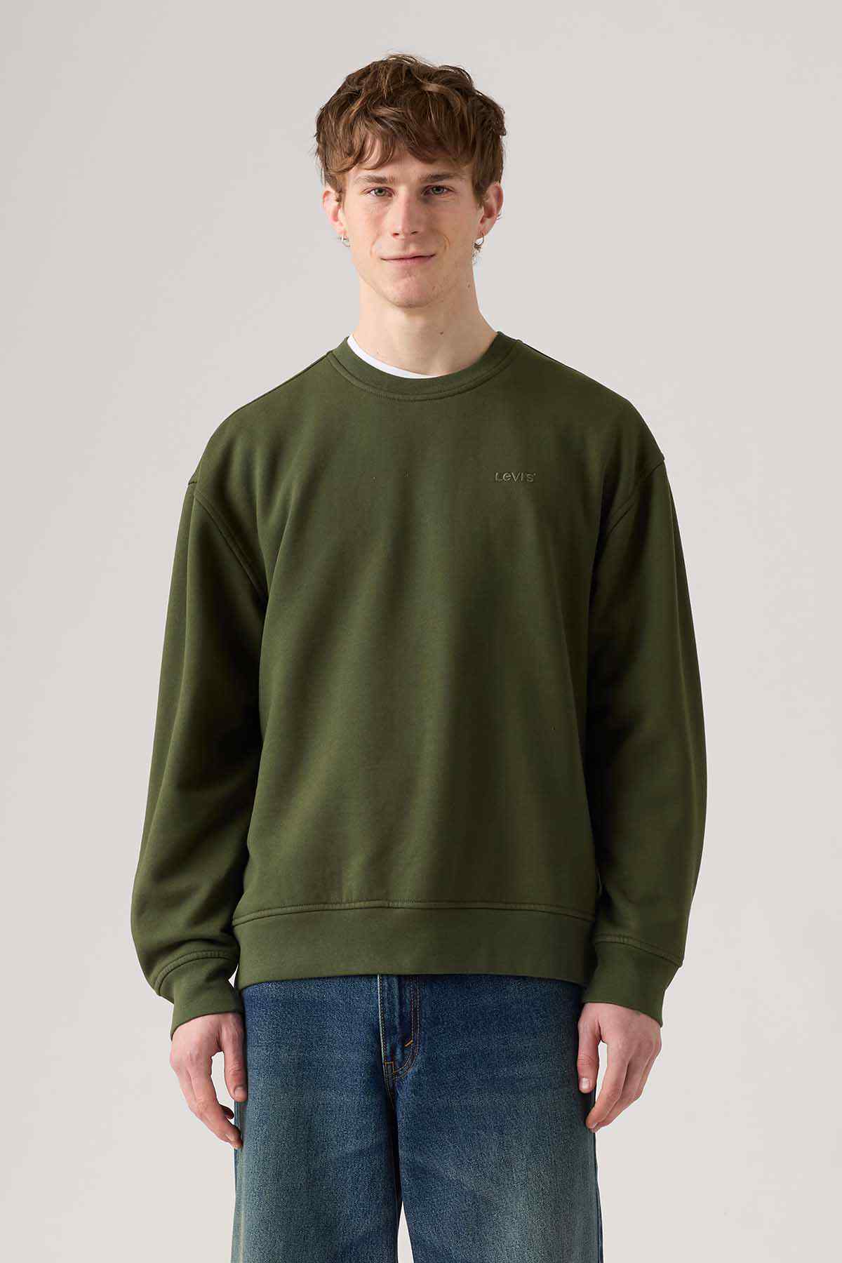 Levi's olive green crewneck sweatshirt with long sleeves and ribbed hem