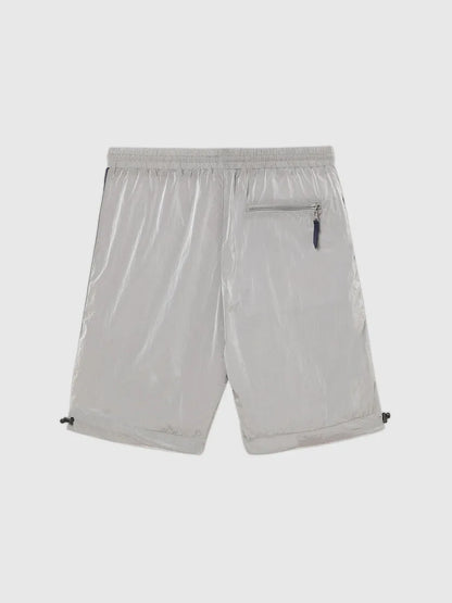 Light gray drawstring shorts with elastic waist and side tie accents