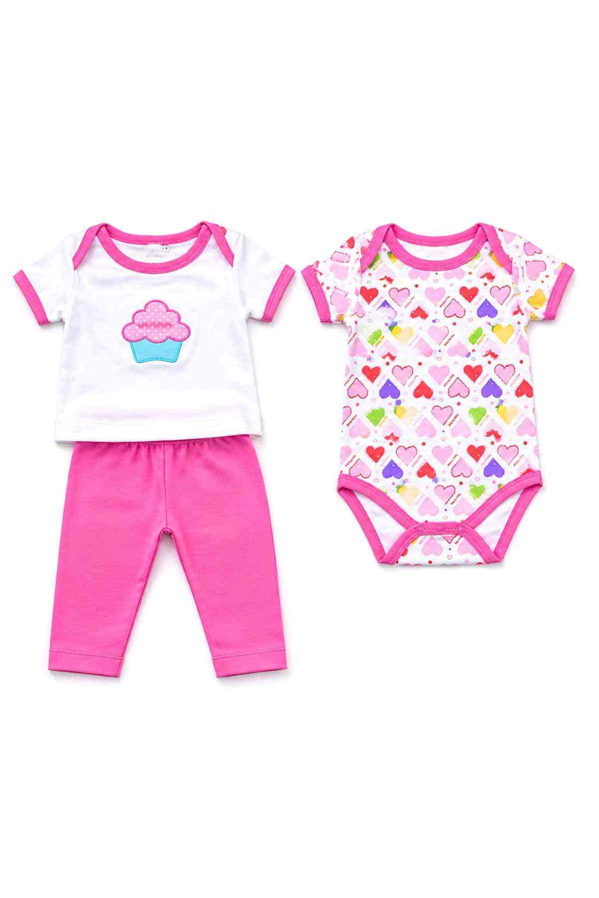 Flat lay: cloud applique top with pink pants and heart-print romper bodysuit