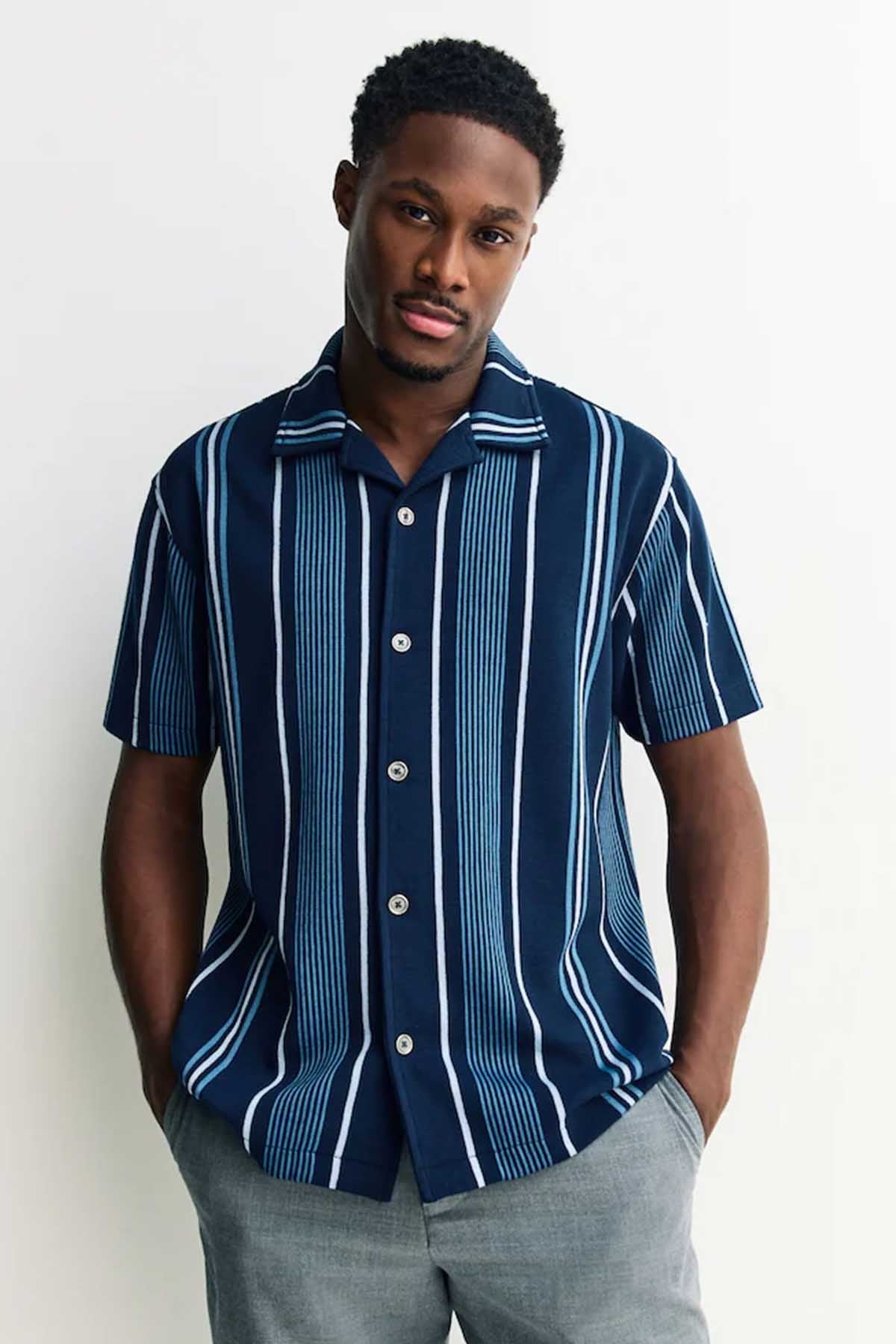 NEXT men’s navy vertical striped button-up shirt with short sleeves and pocket