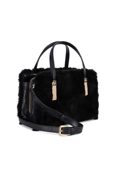 Dune London black faux-fur tote bag with top handles and adjustable shoulder strap