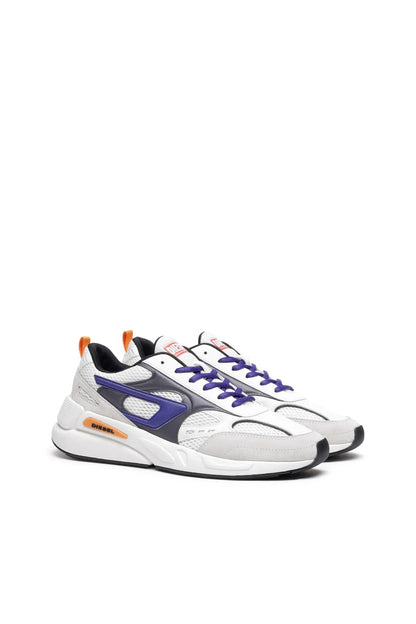 Diesel white low-top sneakers angled view, purple side panel, blue lace-up