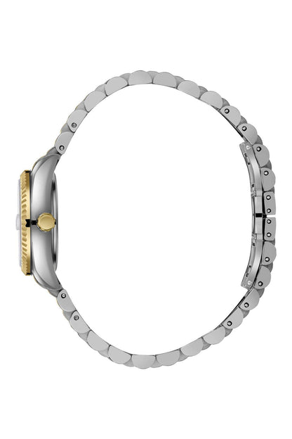 Two-tone metal bracelet wristwatch with silver links and small gold case detail