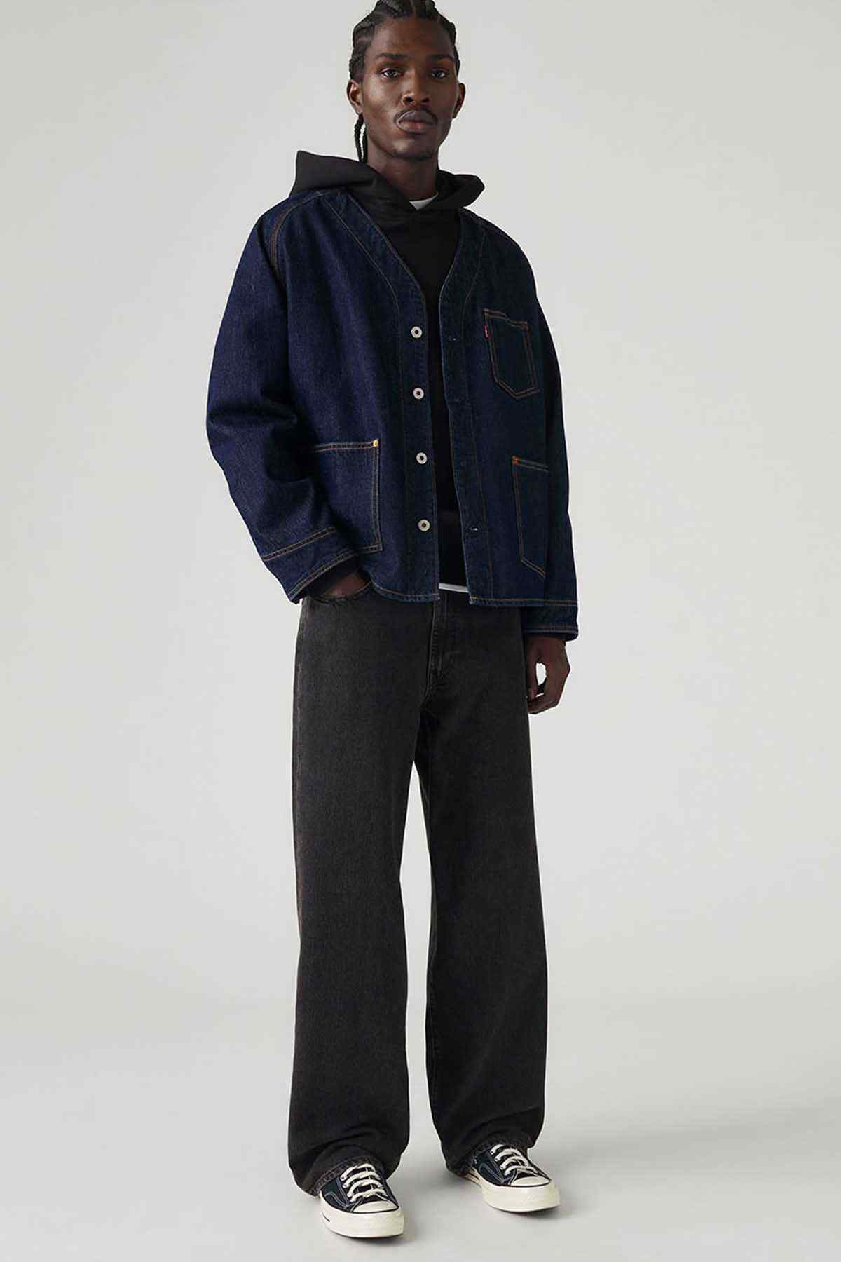 Levi's black denim jeans, relaxed straight fit with belt loops and button fly