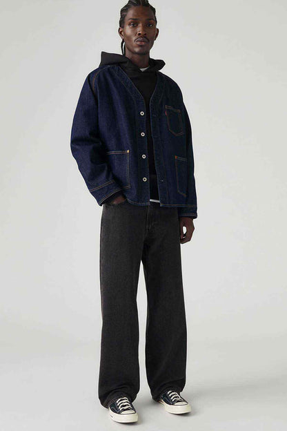 Levi's black denim jeans, relaxed straight fit with belt loops and button fly