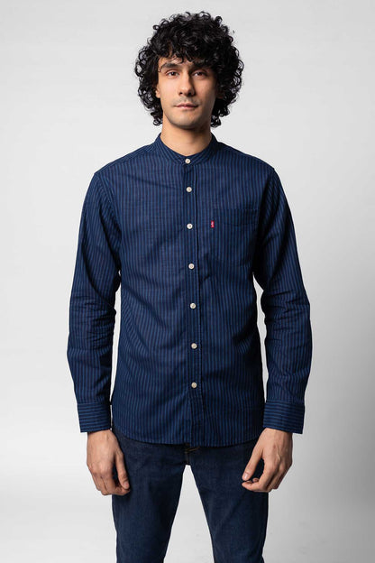 Men's blue striped button-up shirt with long sleeves