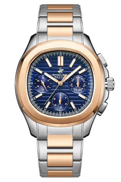 Two-tone wristwatch with blue chronograph-style dial, gold bezel, metal bracelet