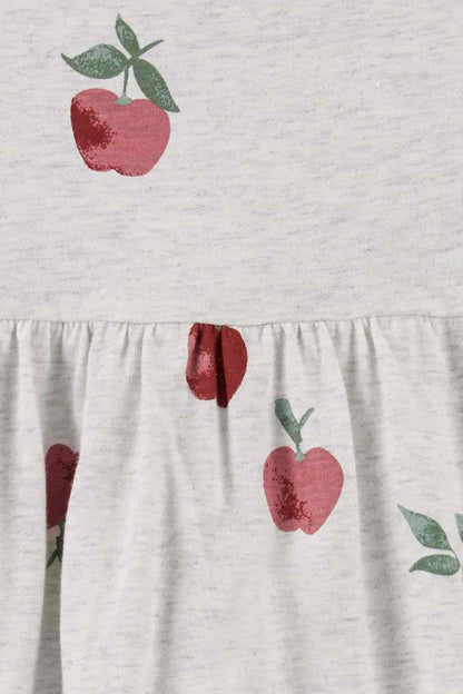 Heather gray dress with apple print and elastic gathered waist
