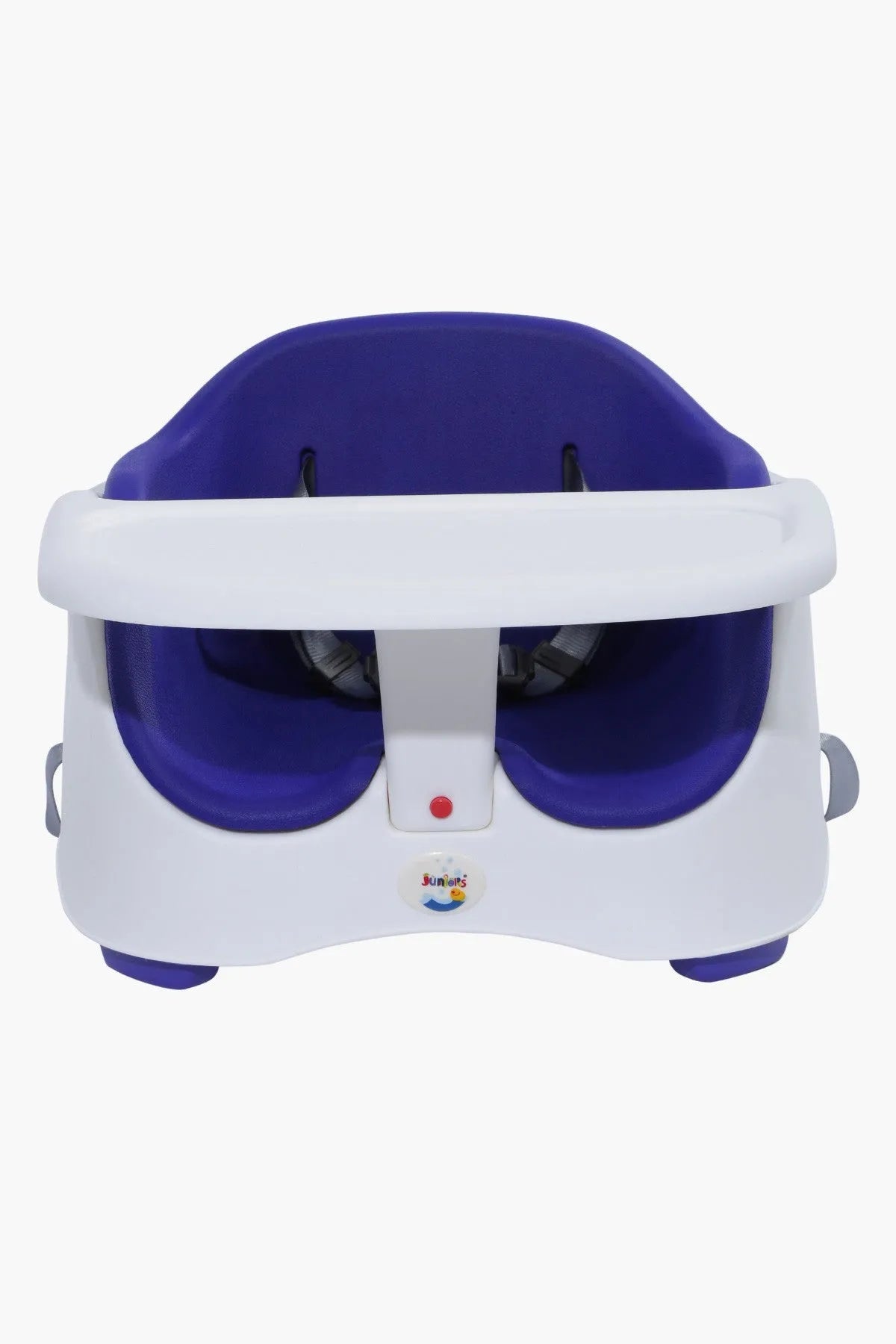 Baby seat with white tray, blue headrest, black safety straps