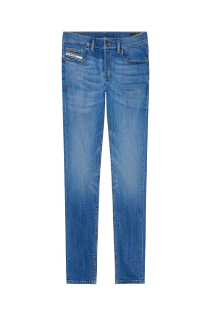 Light blue denim jeans with belt loops, button closure, and straight fit