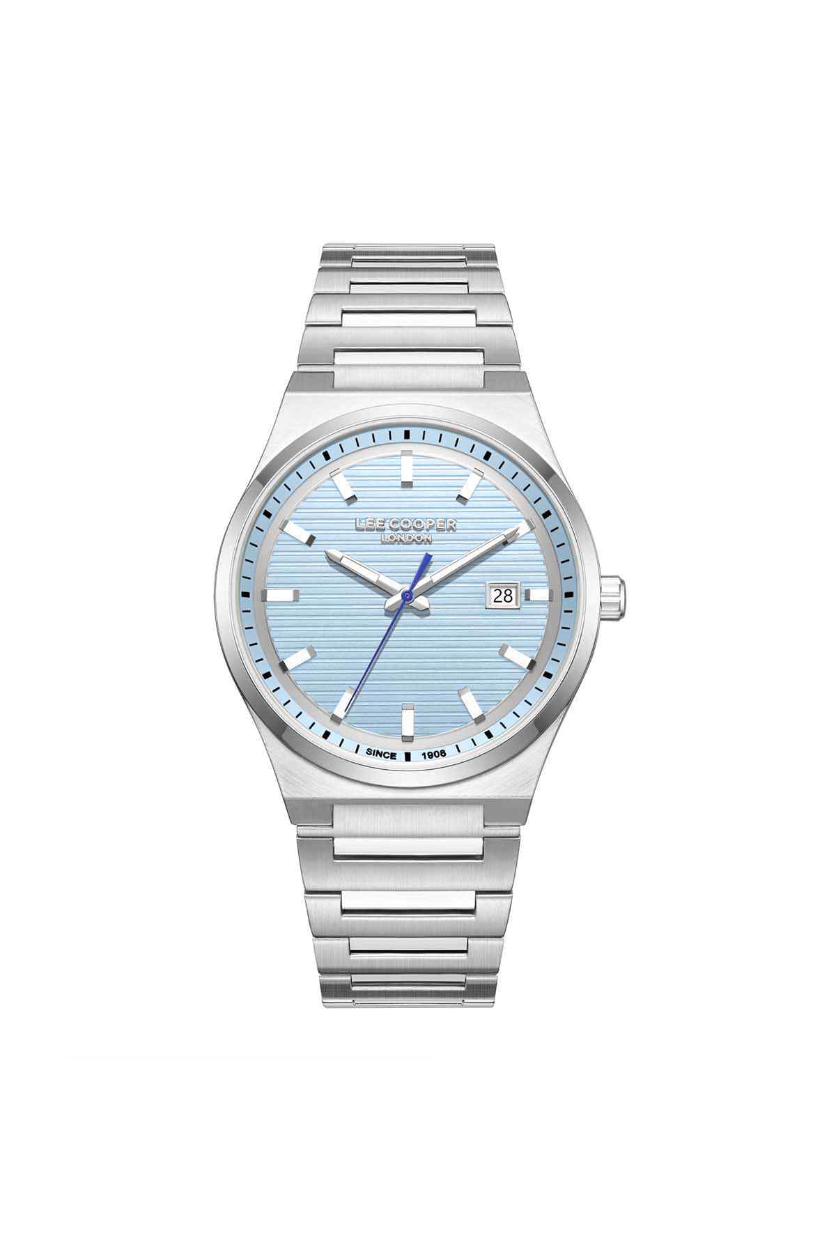 Lee Cooper silver stainless steel wristwatch with blue dial and date window
