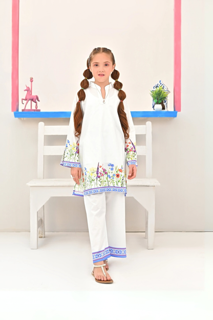 Kids embroidered white tunic and pants set with colorful floral border and blue trim