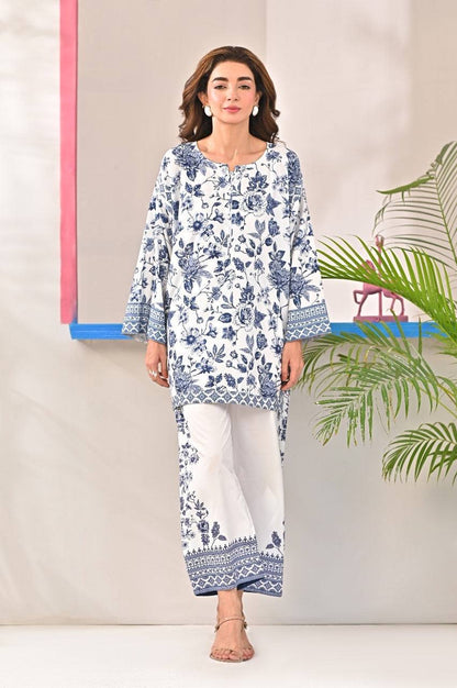 Dhaga blue floral tunic with round neckline and matching white printed pants set