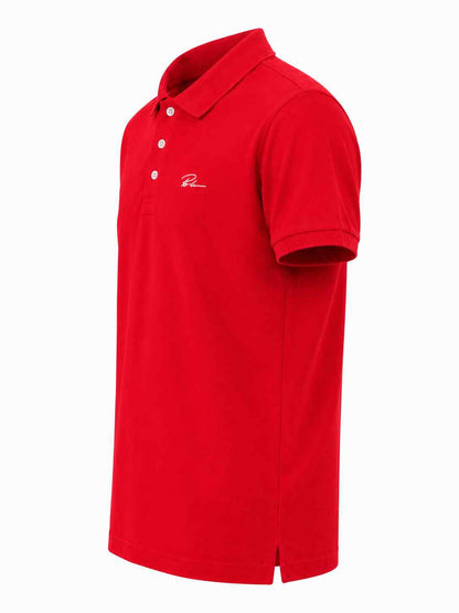 Red polo shirt side view with short sleeves and embroidered logo