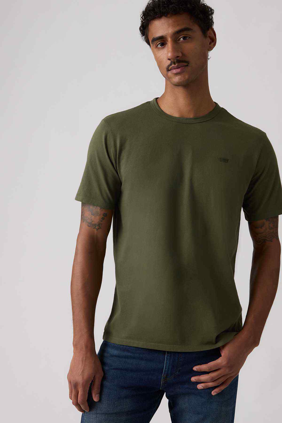 Men's green crew-neck T-shirt, front view with small chest logo