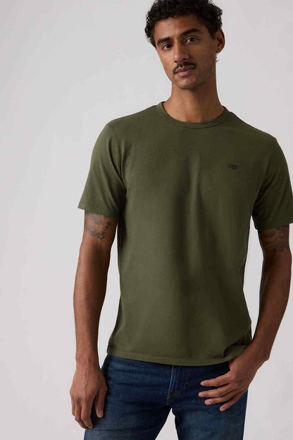 Men's green crew-neck T-shirt, front view with small chest logo