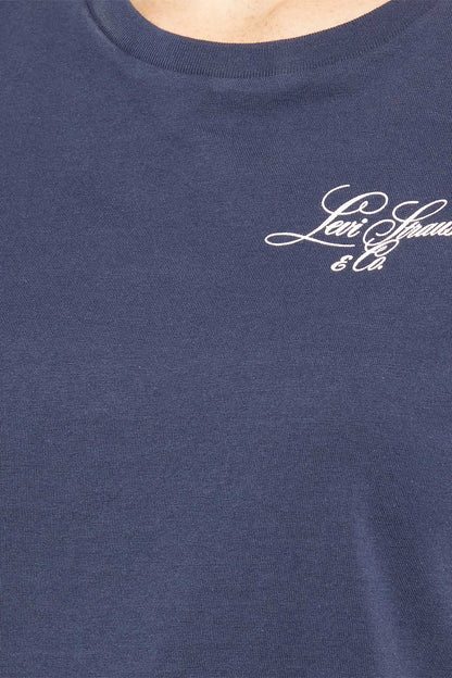 Dark blue crew-neck T-shirt with white script logo print