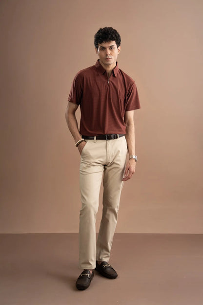 Maroon short-sleeve quarter-zip polo shirt, textured knit and spread collar