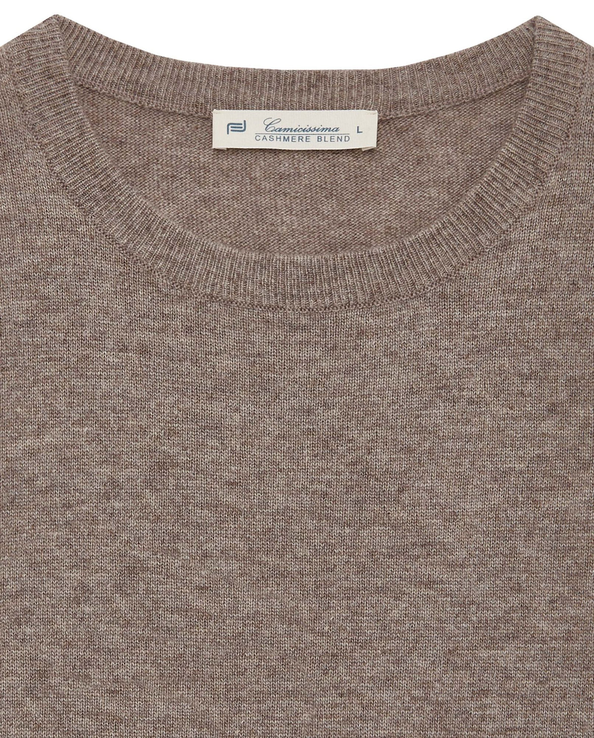 Brown heather knit crewneck sweater, ribbed neckline