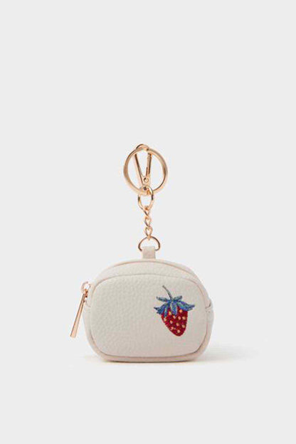 Cream embroidered strawberry zip pouch keychain with metal ring and clasp
