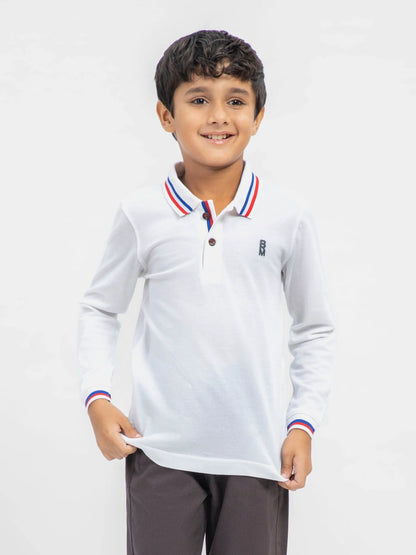 White cotton long-sleeve polo shirt with striped collar and button placket, small B logo