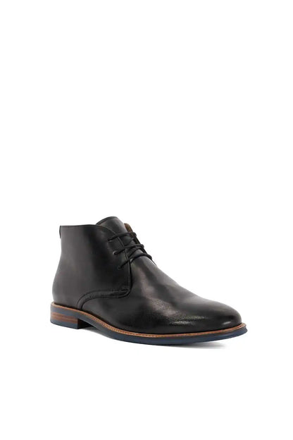 Black leather lace-up ankle boot with short heel and stitched toe