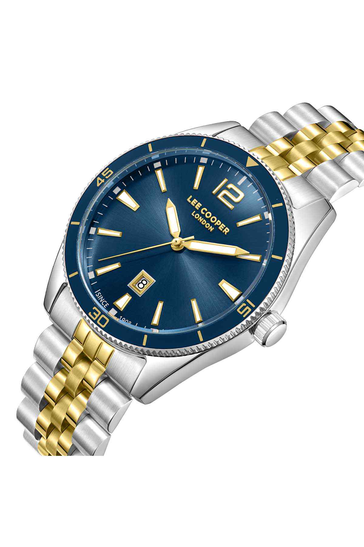 Lee Cooper wristwatch close-up: blue dial with gold hands and silver/gold link bracelet