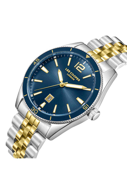 Lee Cooper wristwatch close-up: blue dial with gold hands and silver/gold link bracelet