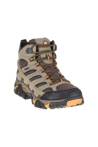 Merrell walnut hiking boot, tan and dark panels, lace-up with rugged tread sole