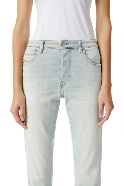 Light blue straight-leg jeans with zip fly, front pockets, and belt loops.