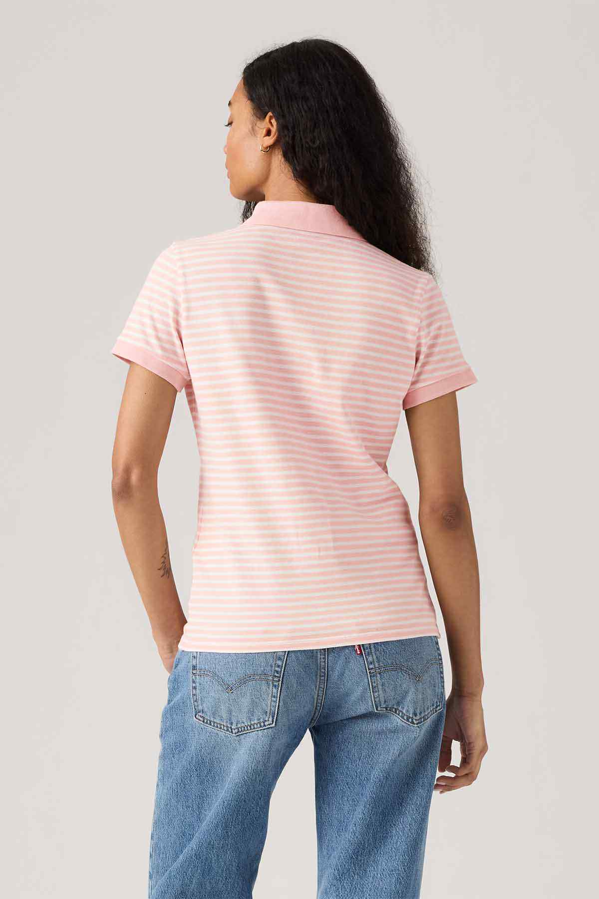 Pink and white striped polo shirt back view with short sleeves