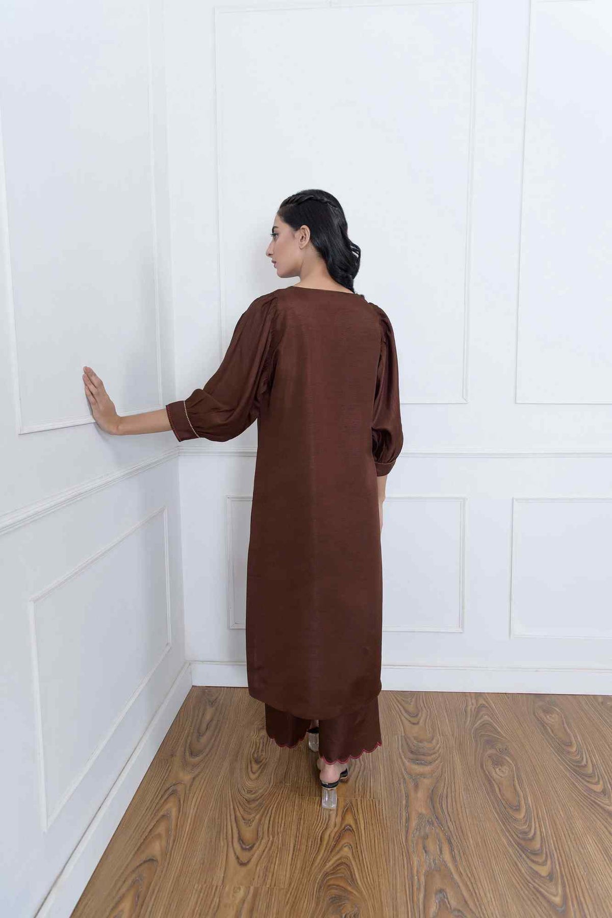 Velour brown long tunic dress back view with wide sleeves and hem trim