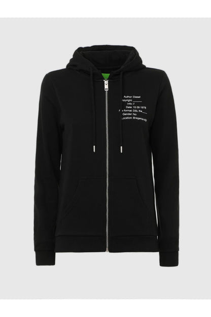 Black zip-front hoodie with drawstring hood, front text logo on chest