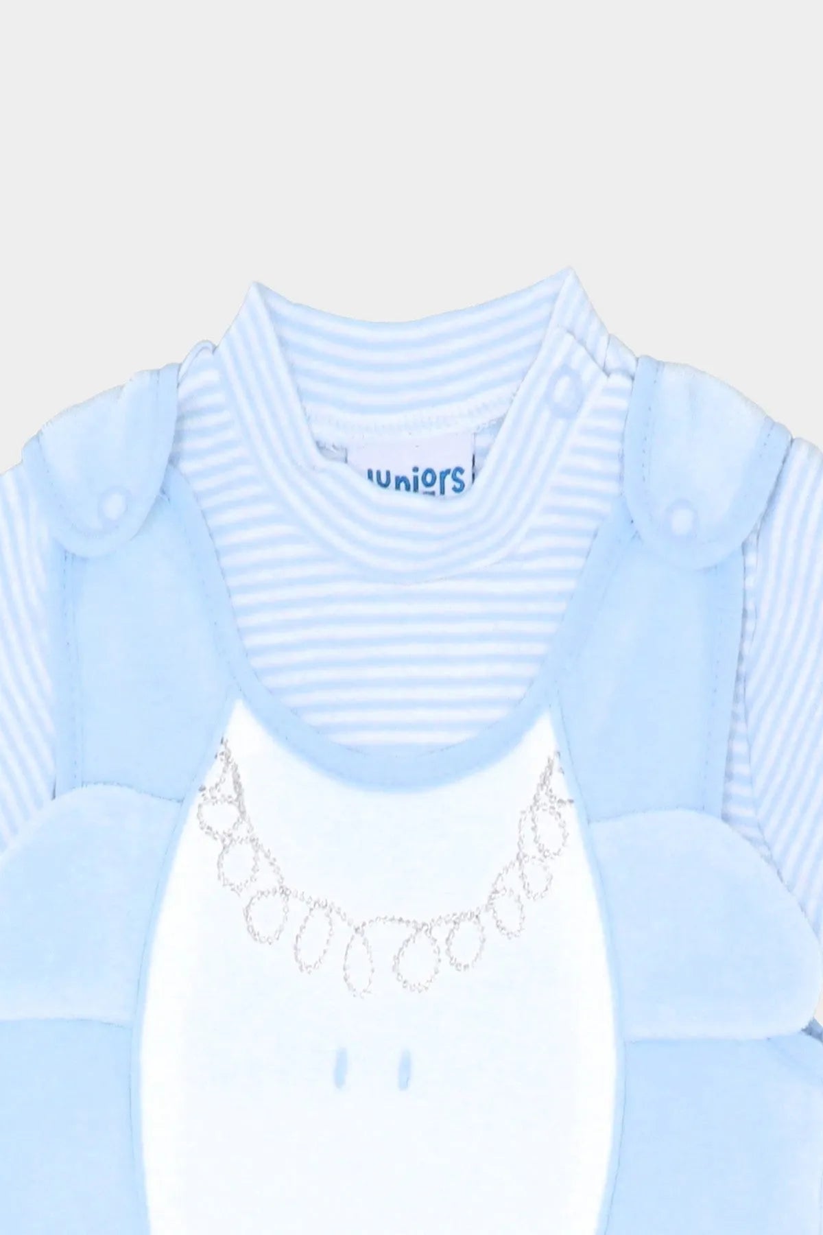 BABYSHOP light blue romper with striped neck and white lace bib front