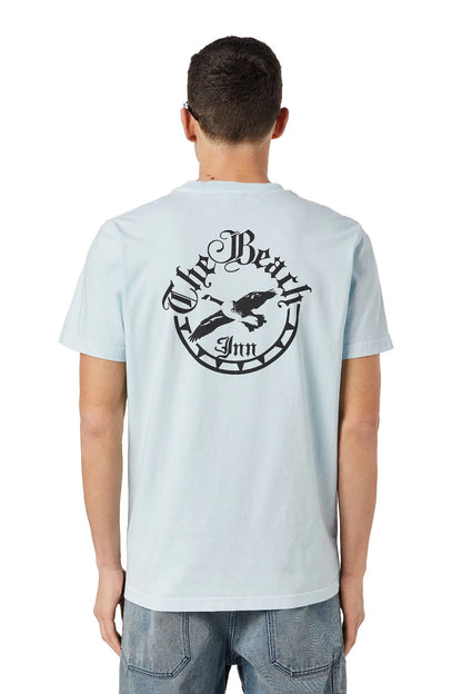 Light blue T-shirt back graphic with circular logo
