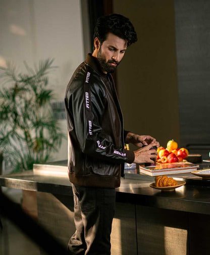 Dark bomber jacket with stand collar, sleeve stripe tape, ribbed cuffs