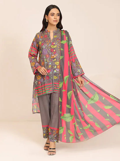 Women’s multicolor printed kurta with pants and flowing striped dupatta, front view