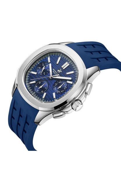 BHPC wristwatch angled view, blue dial with subdials, silver case, dark blue strap