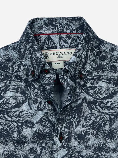 Cotton button-up shirt front close-up, dark leaf pattern, red-accented buttons