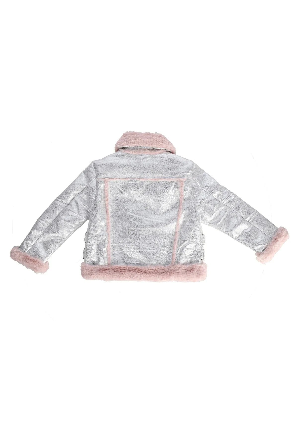 Silver baby jacket with pink faux fur trim, hood, and zip back