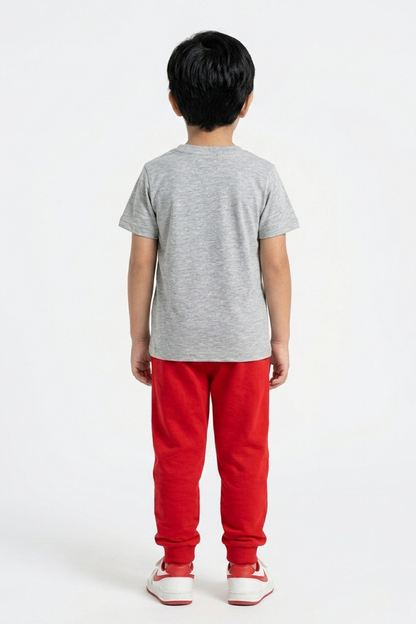 BABYSHOP toddler Spider-Man gray T-shirt and red joggers set, back view