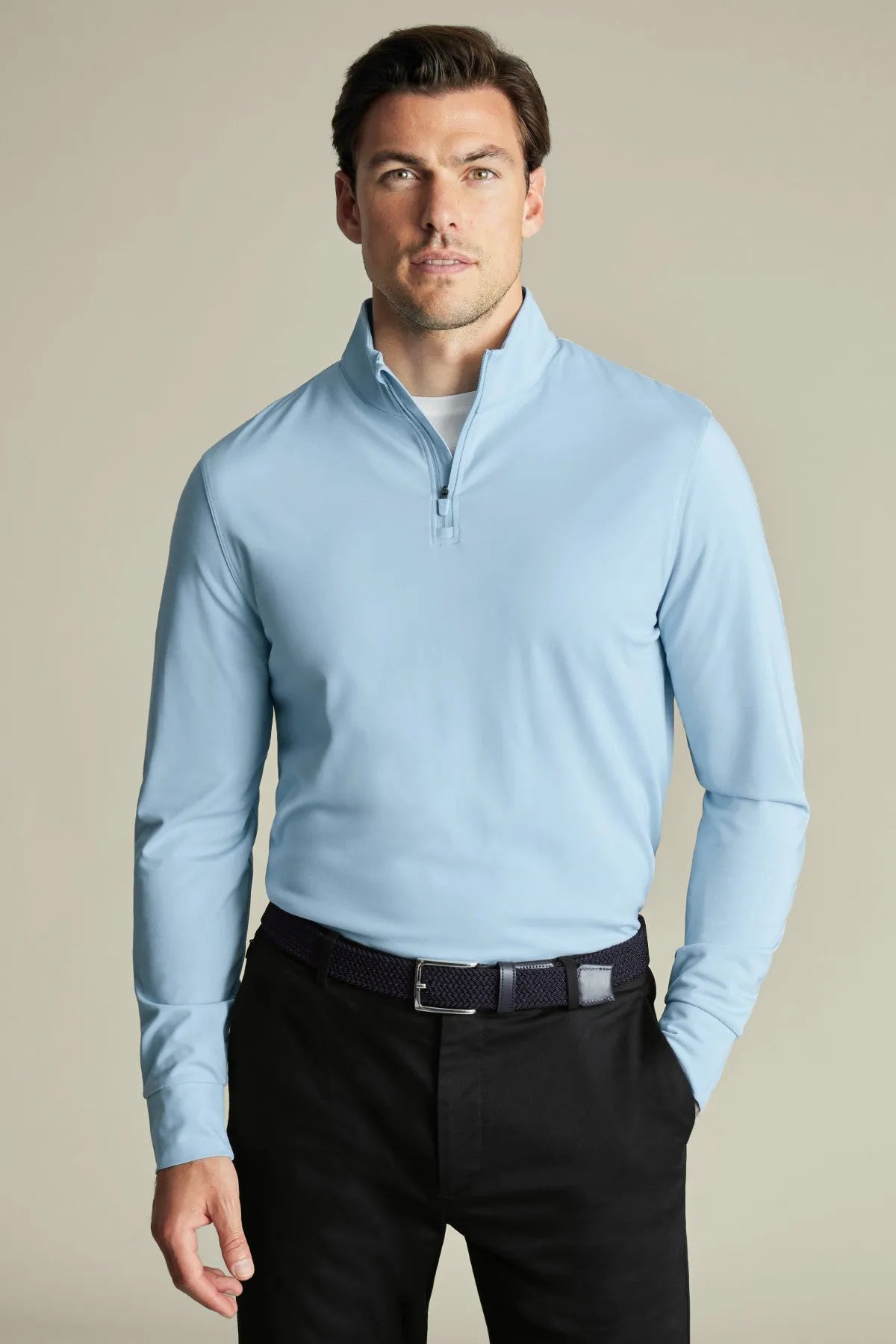 Charles Tyrwhitt men's light blue quarter-zip pullover sweater, front view