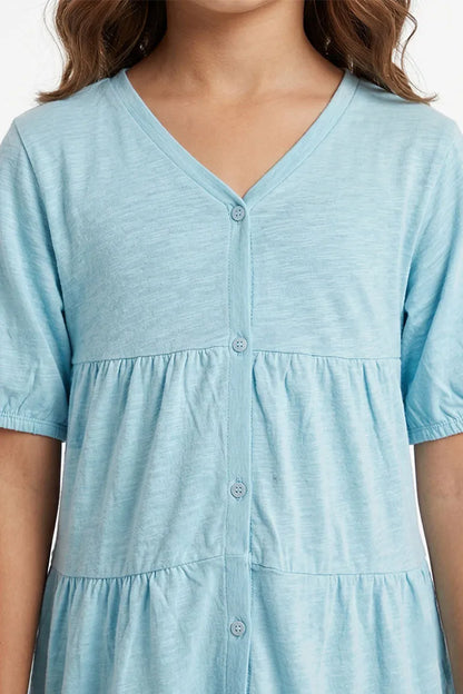 Sky blue girls' short-sleeve tiered dress with V-neck button front