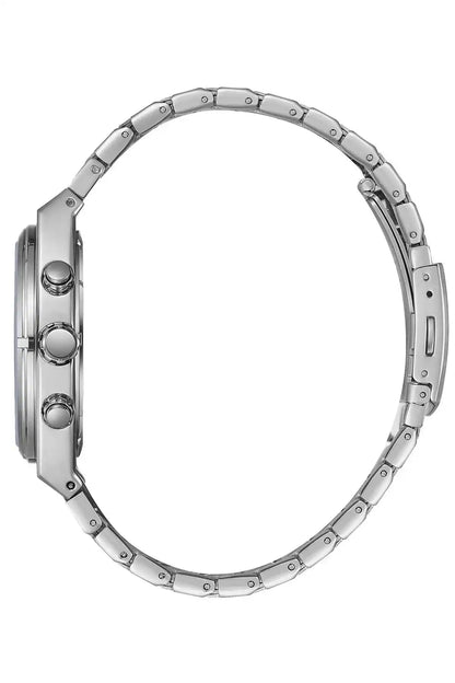 Silver metal watch case and bracelet links, side view with crown on left.